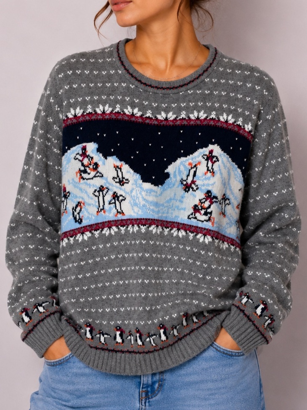 Vintage Northern Reflections Sweater Gray Winter Penguin Fair Isle Crewneck